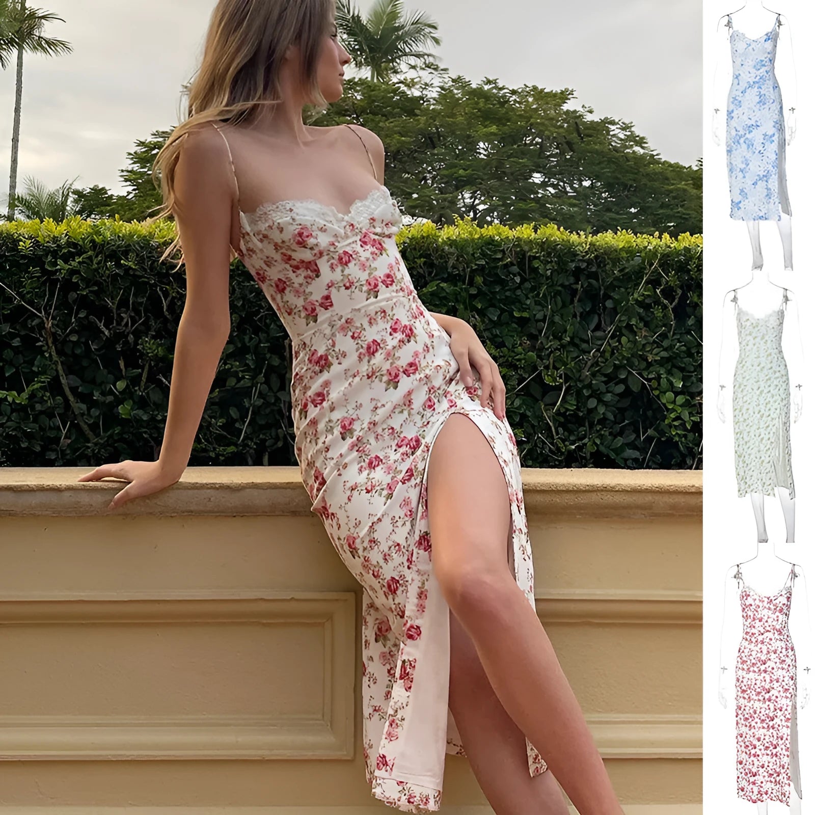 A woman wearing a long blue dress with a lace floral print, a side slit and thin suspender straps.