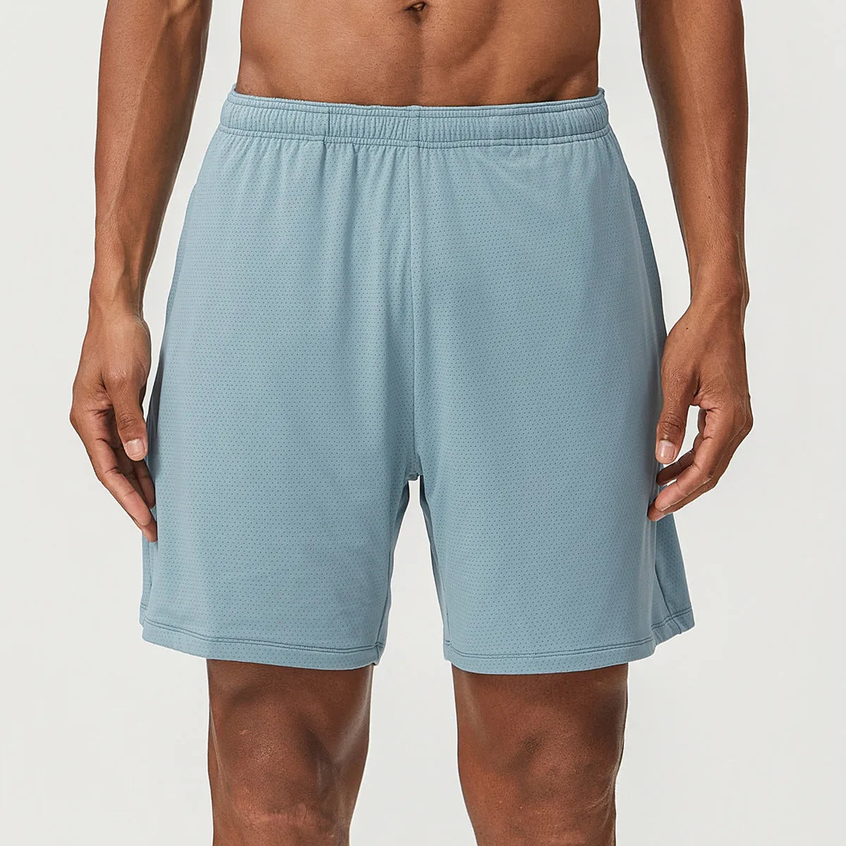 Men's double-layer running shorts in sky green colour with quick-dry fabric and moisture-wicking lining