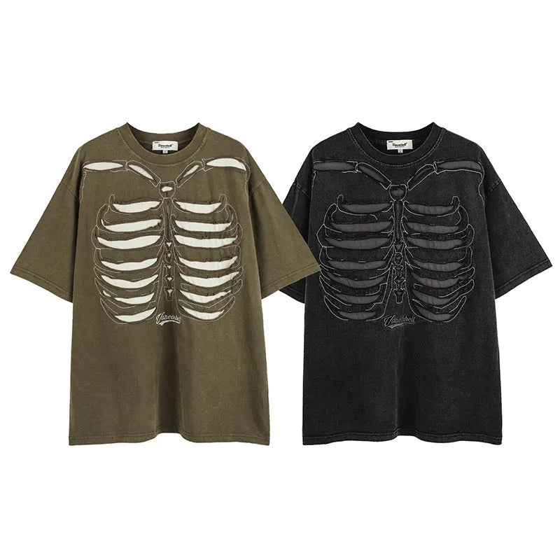 Loose fit black cotton t-shirt with a skull and printed letter design on the front.