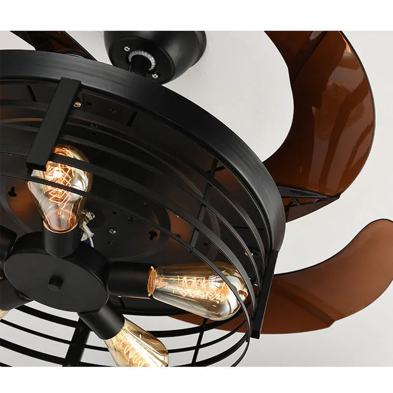 Industrial retro ceiling fan lamp with integrated light and acrylic blades, remote control included.