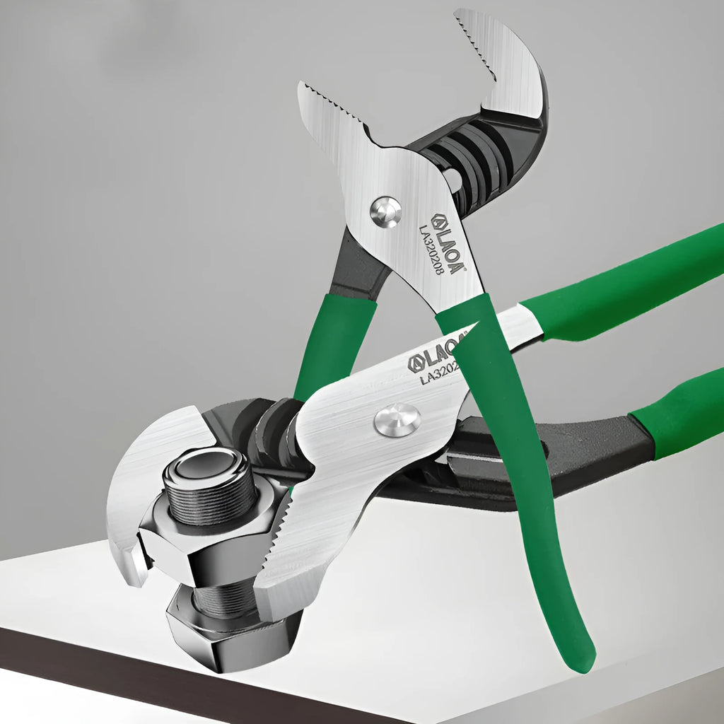 Adjustable water pipe wrench set showing four size options with CR-V steel construction and multi-gear adjustment mechanism