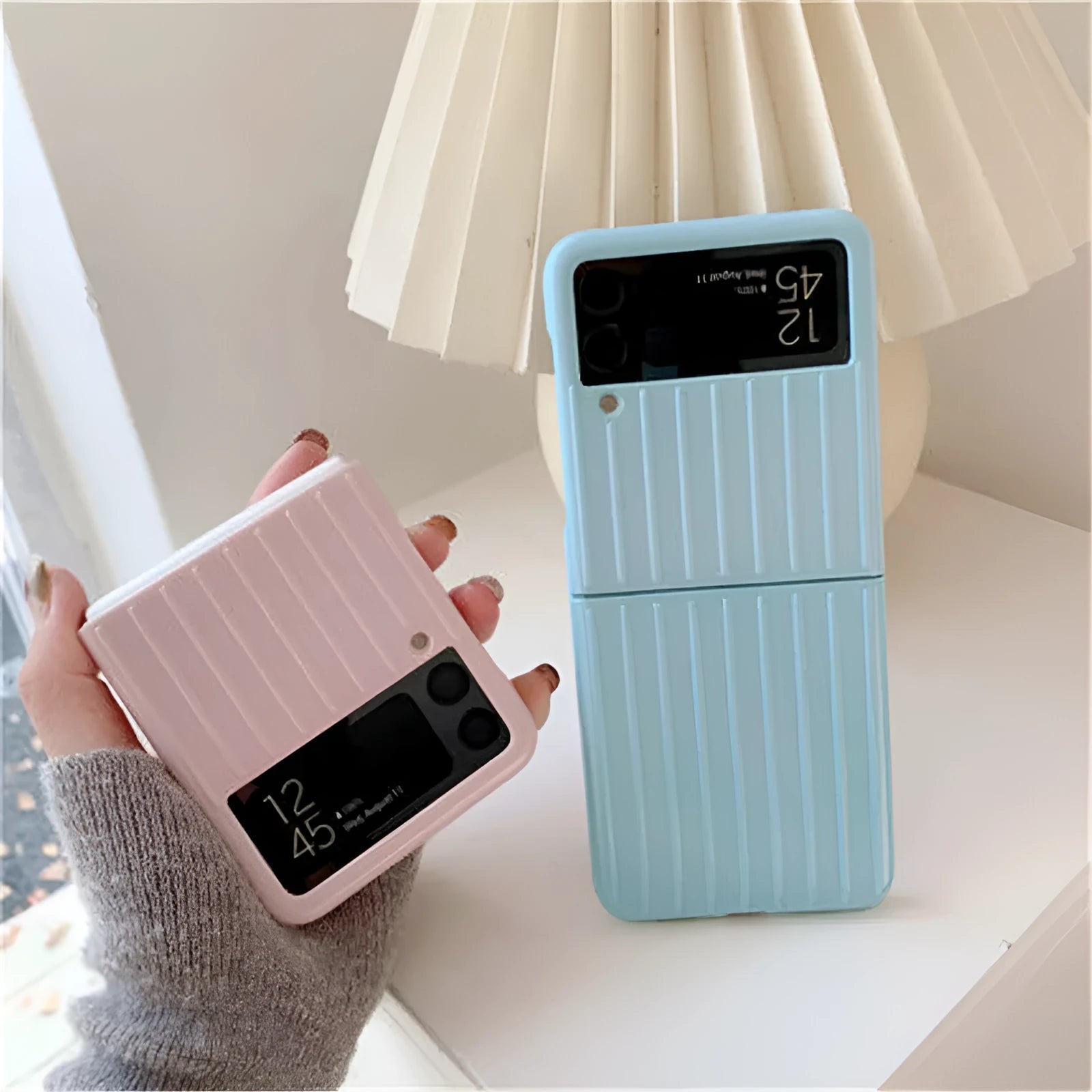 Samsung Z Flip3 ultra-thin flip phone case in multiple colours showing front and back protection