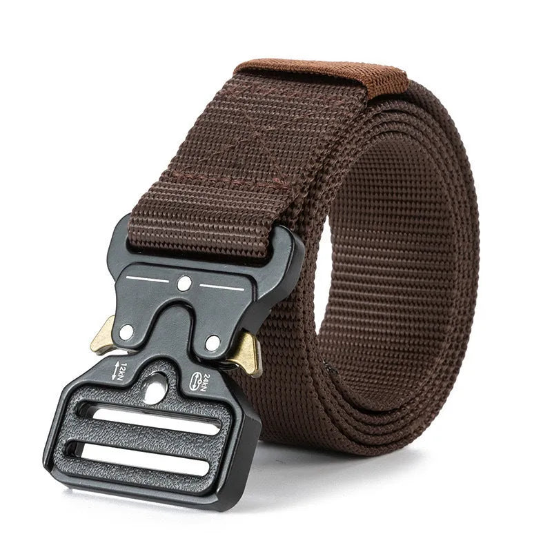Men's thick canvas tactical belt with alloy release buckle in black colour, showing weaving flowers texture