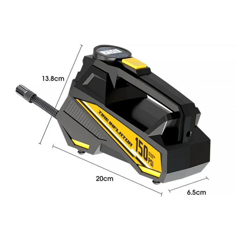 Black portable 12V car tyre inflator with digital display and LED light on a grey background.
