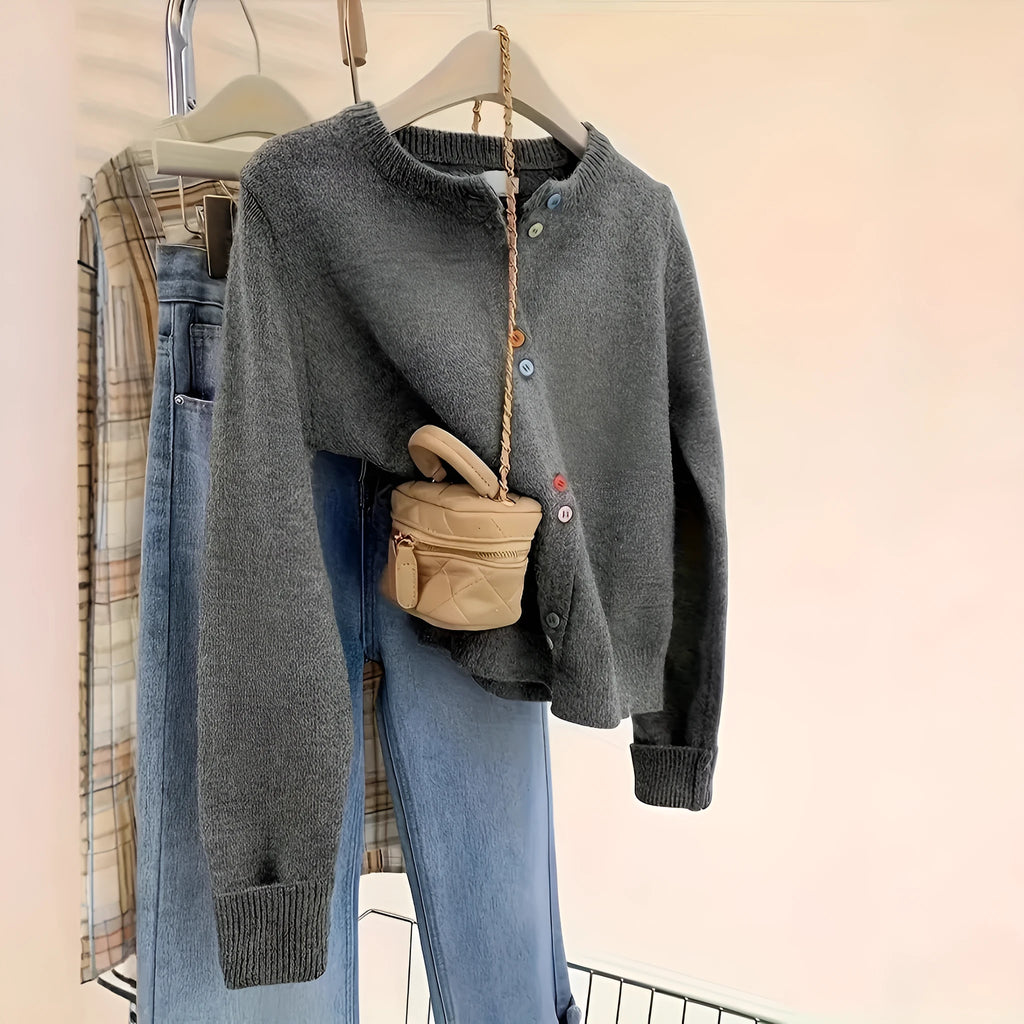 Dark grey women's button-front cardigan sweater with long sleeves.