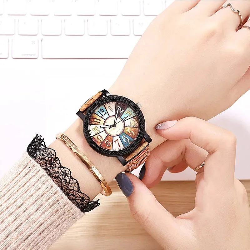 Women's vintage casual quartz watch with brown leather strap and 37mm round silver dial