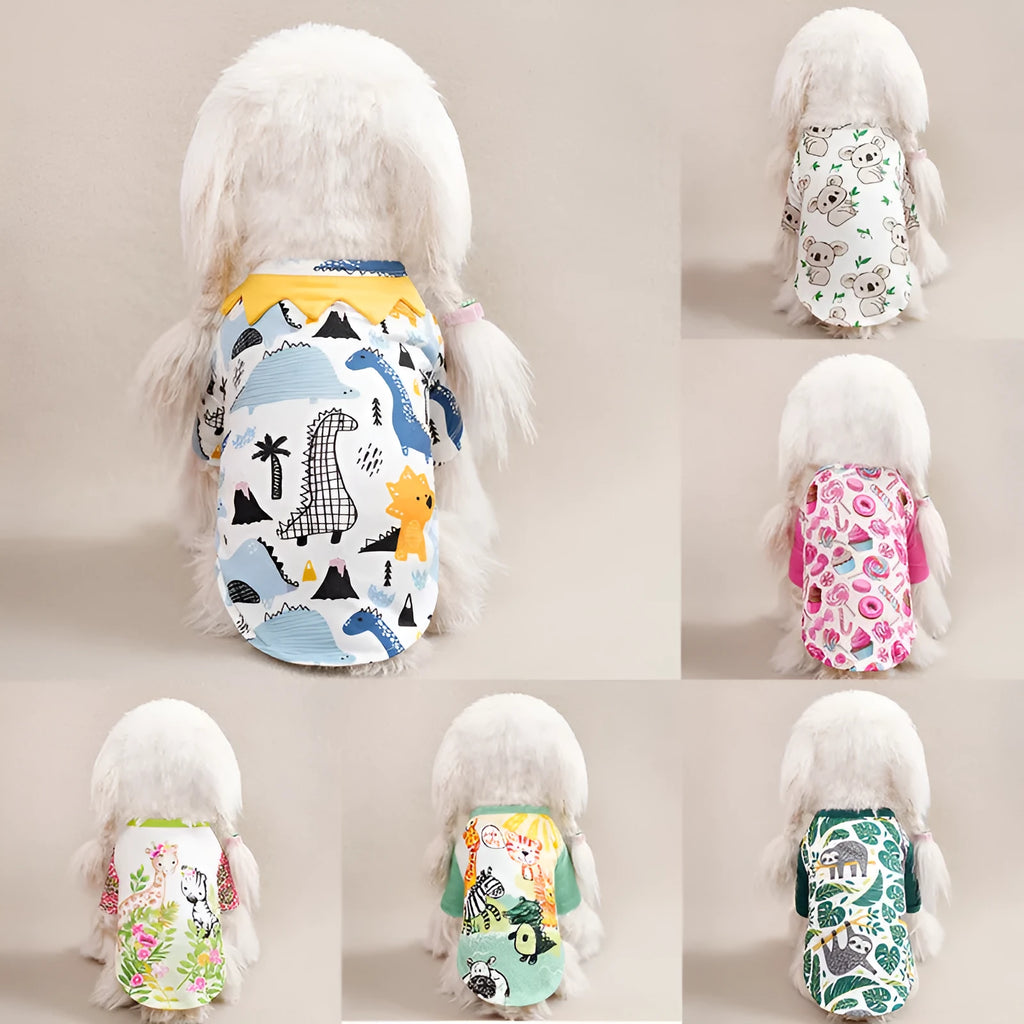 Colourful printed polyester t-shirt for a small dog showing casual spring and autumn pet clothing.