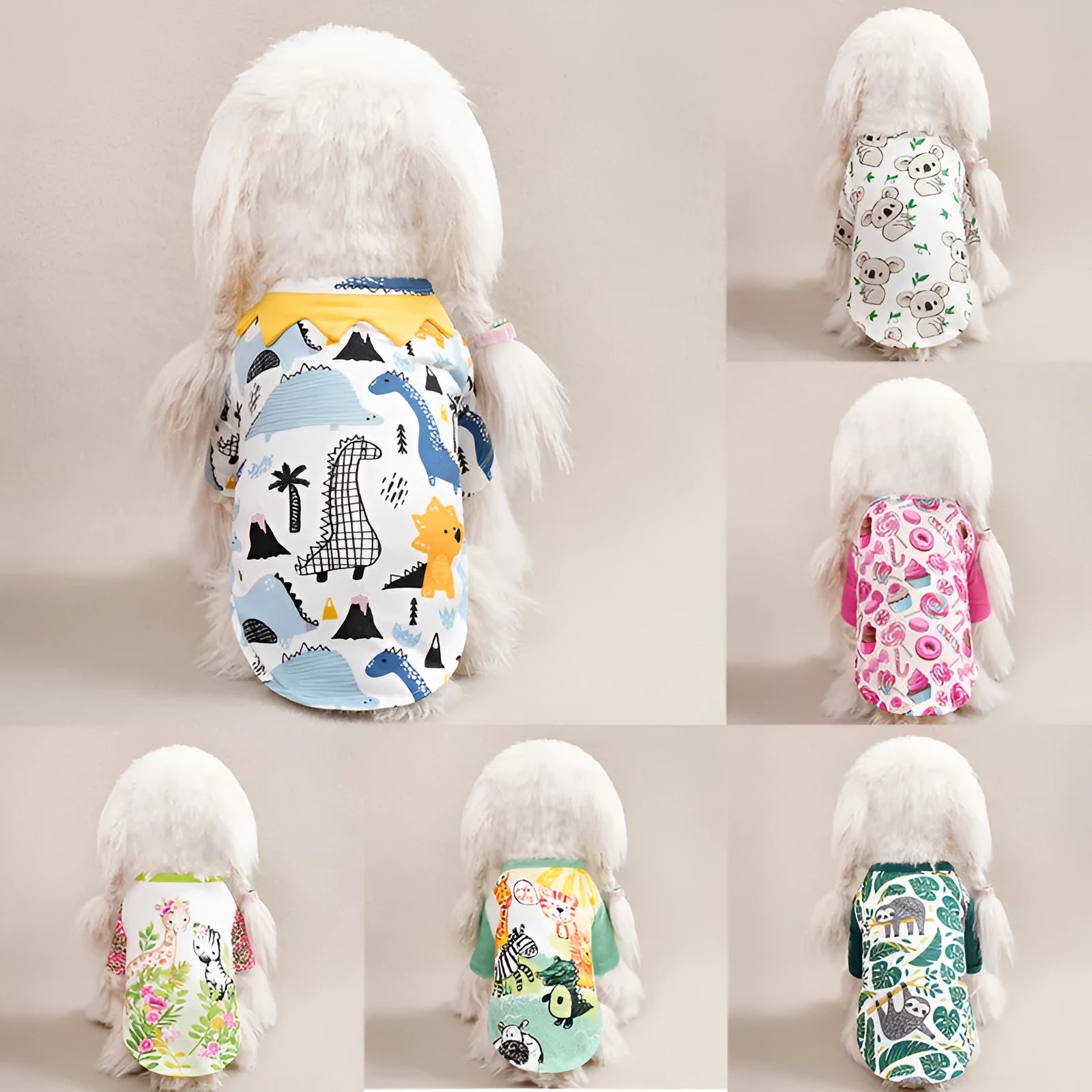 Colourful printed polyester t-shirt for a small dog showing casual spring and autumn pet clothing.