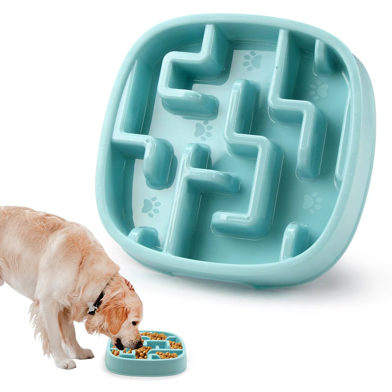 Square macaron blue slow feed bowl with maze pattern for dogs and cats