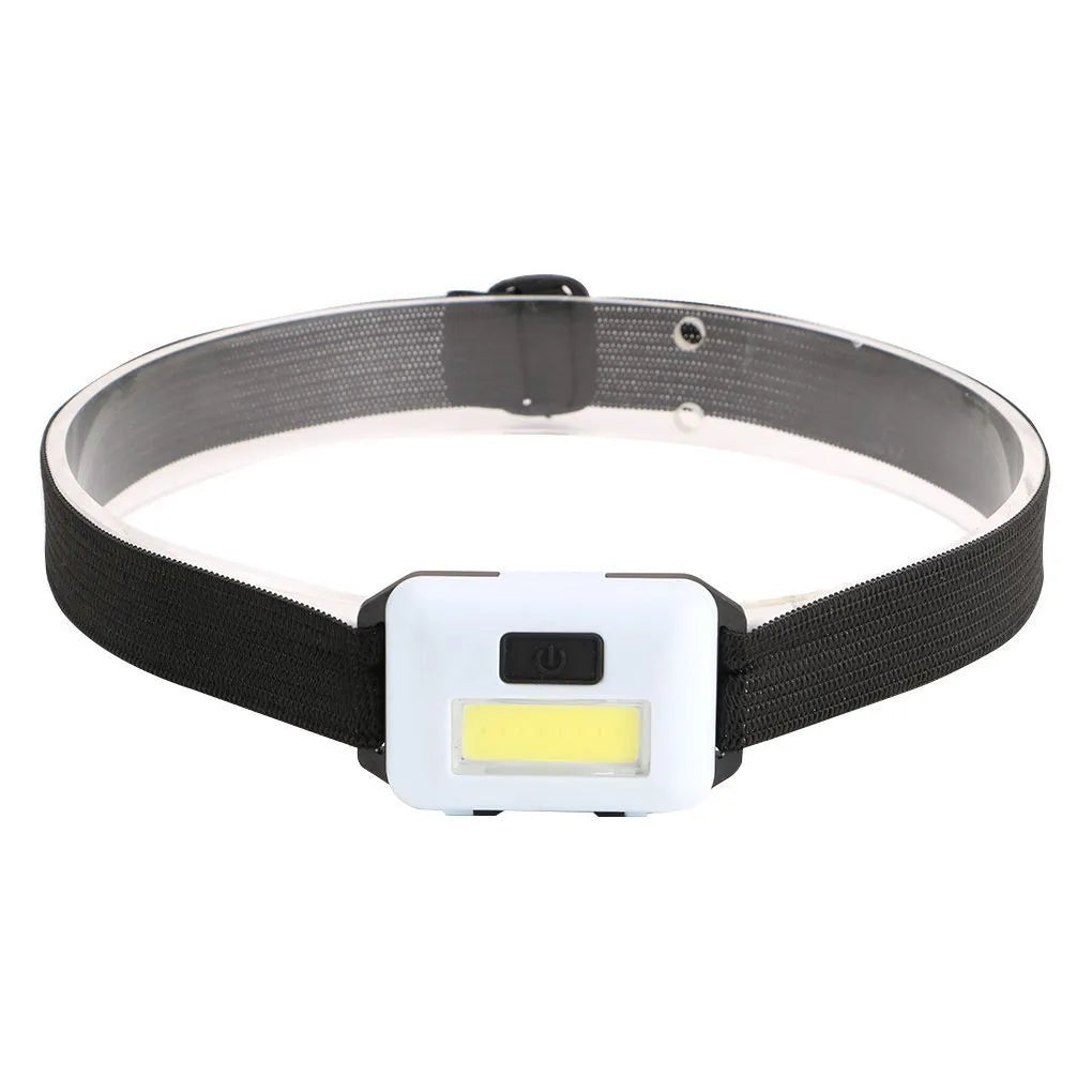 Compact black outdoor headlamp with adjustable polyester strap and a central COB LED bulb.