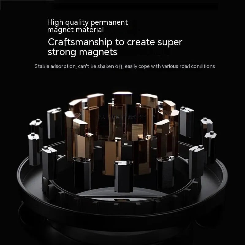 All-metal magnetic car phone mount with foldable design on vehicle dashboard