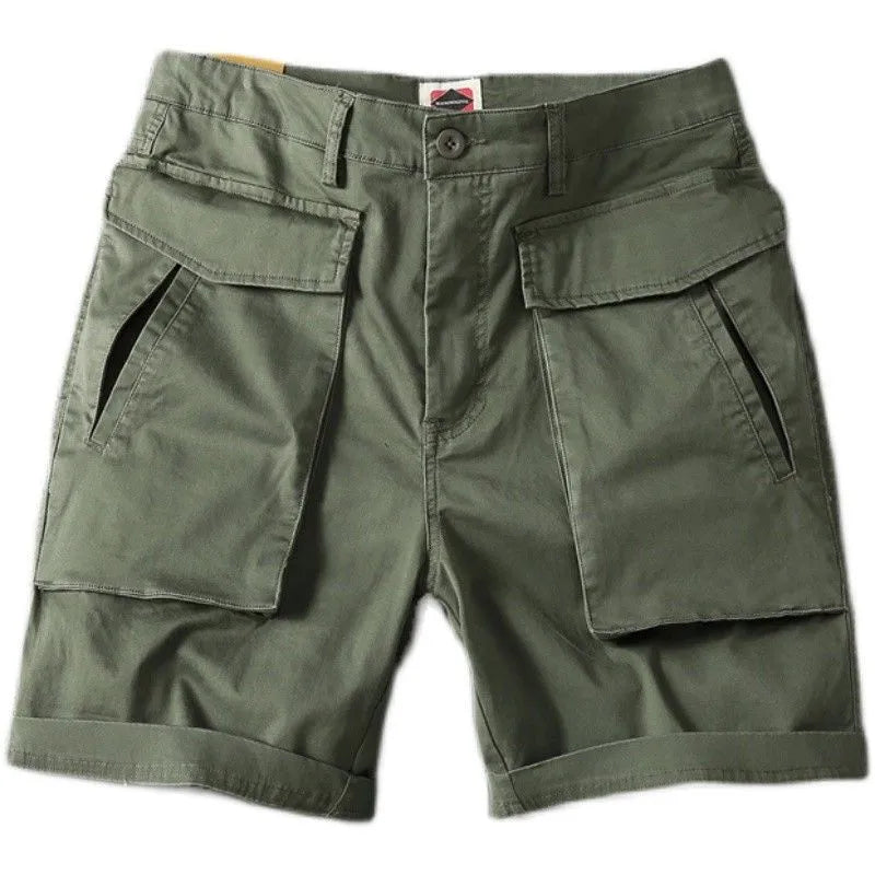 Men's cotton cargo shorts with stretch fabric in khaki colour, showing multiple pockets and straight-leg cut.