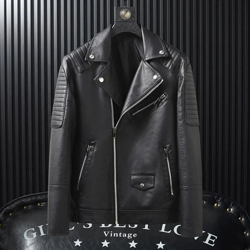 Men's slim-fitting PU biker leather jacket in black, zipper pockets, 50cm length