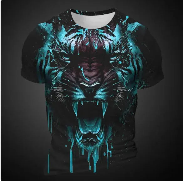 Men's 3D tiger pattern T-shirt in polyester with short sleeves showing digital printing detail