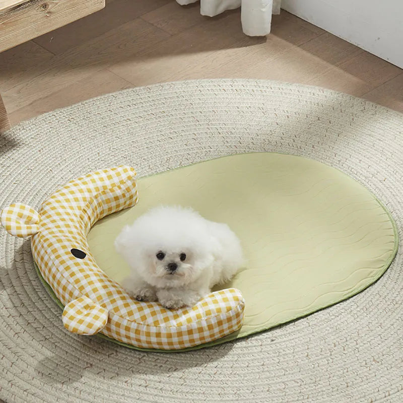 Four season pet bed mat with cooling ice pad in green colour, showing size comparison for small to extra large dogs and cats