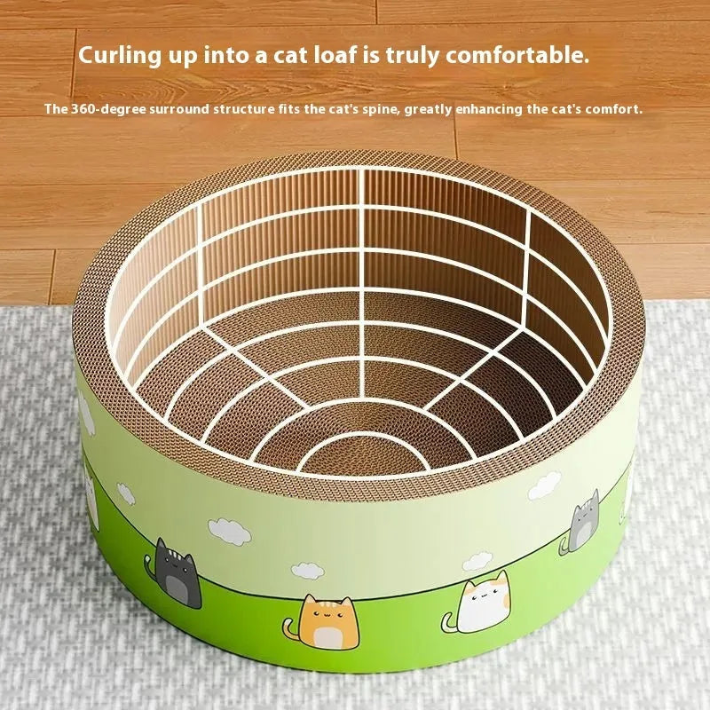 Large round deep-pit cat scratching board made from brown corrugated paper.