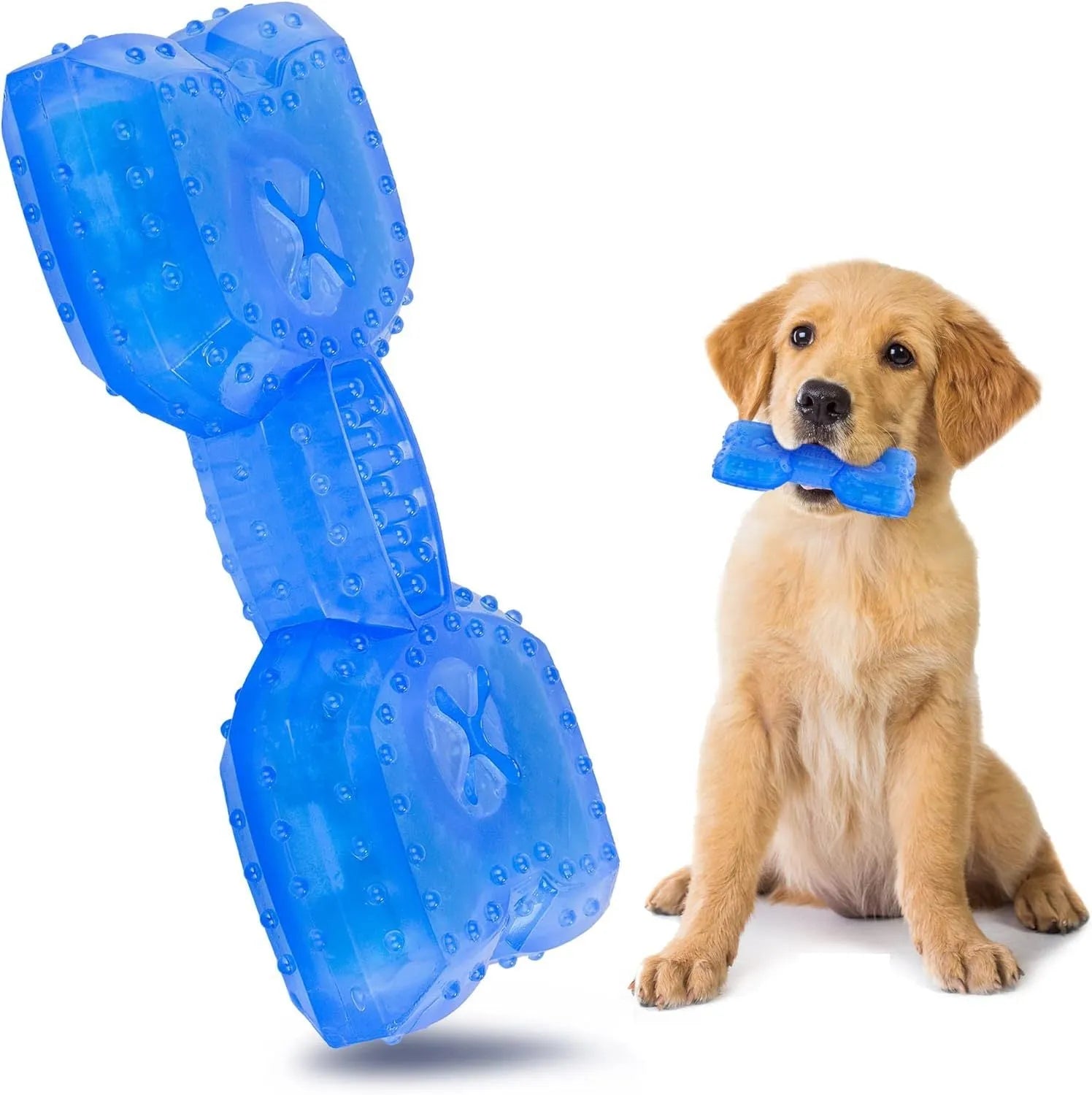 Freezable bone-shaped and circle-shaped dog cooling chew toys with treat pockets.
