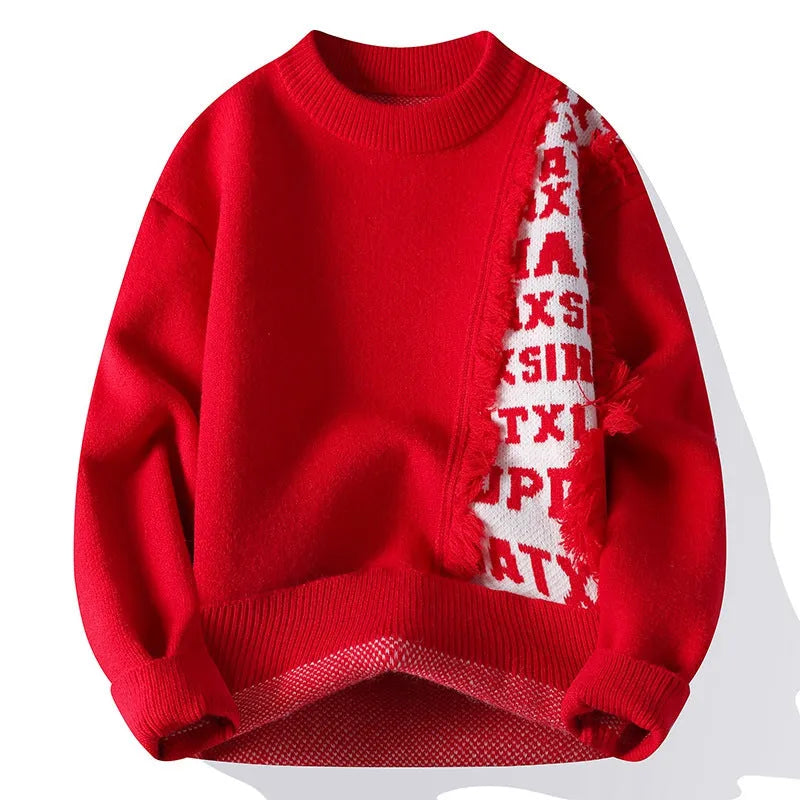 Men's loose fit knitted pullover jumper in rabbit fur polyester fabric with ribbed hem