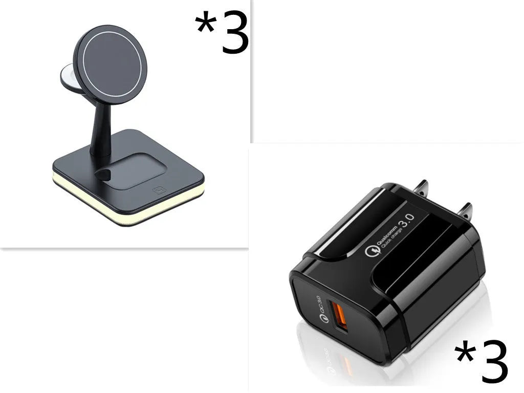 3-in-1 wireless charger magnetic bracket charging smartphone, watch, and earbuds on a desk