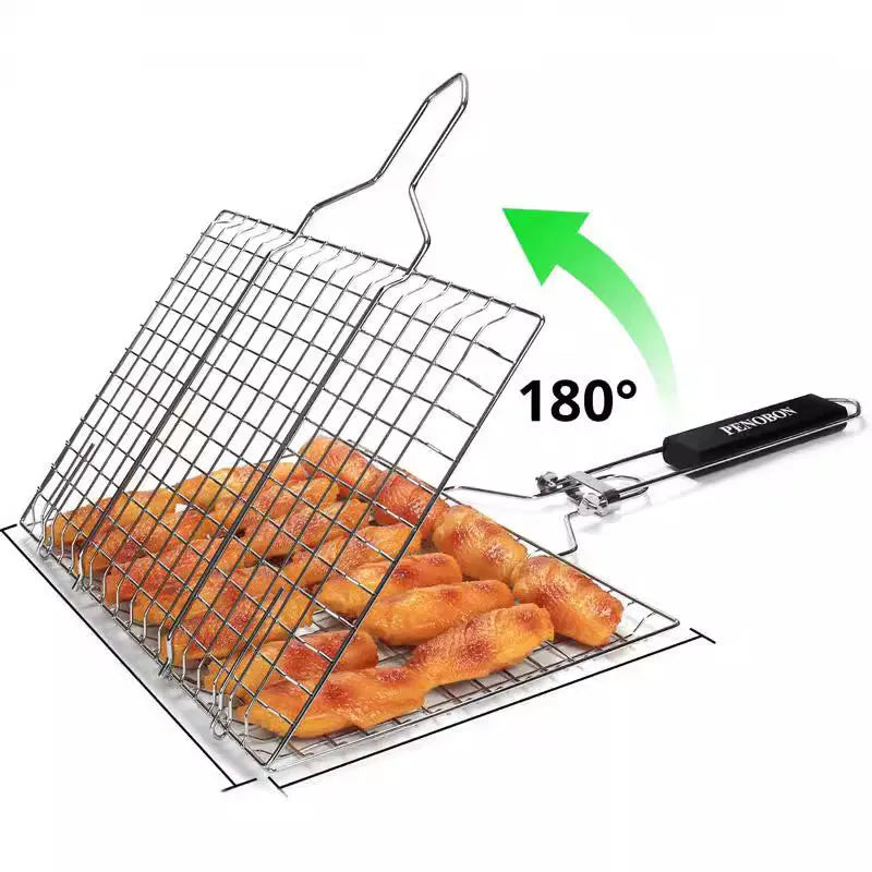 Stainless steel square barbecue grill mesh basket with a folding frame and a cleaning brush.