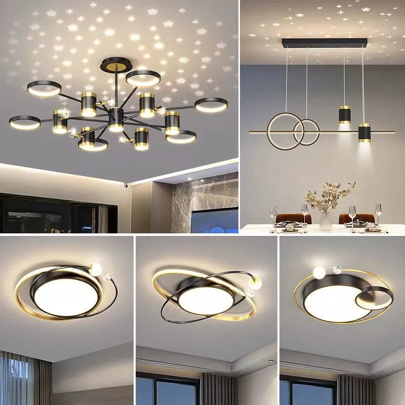 Black Nordic-style star-shaped iron pendant light chandelier with 13 lights hanging from a ceiling.