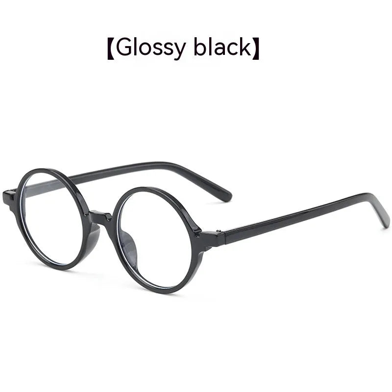Artistic retro round glasses flat mirror in bright black, sand black, tofu pudding frame, and transparent grey colours