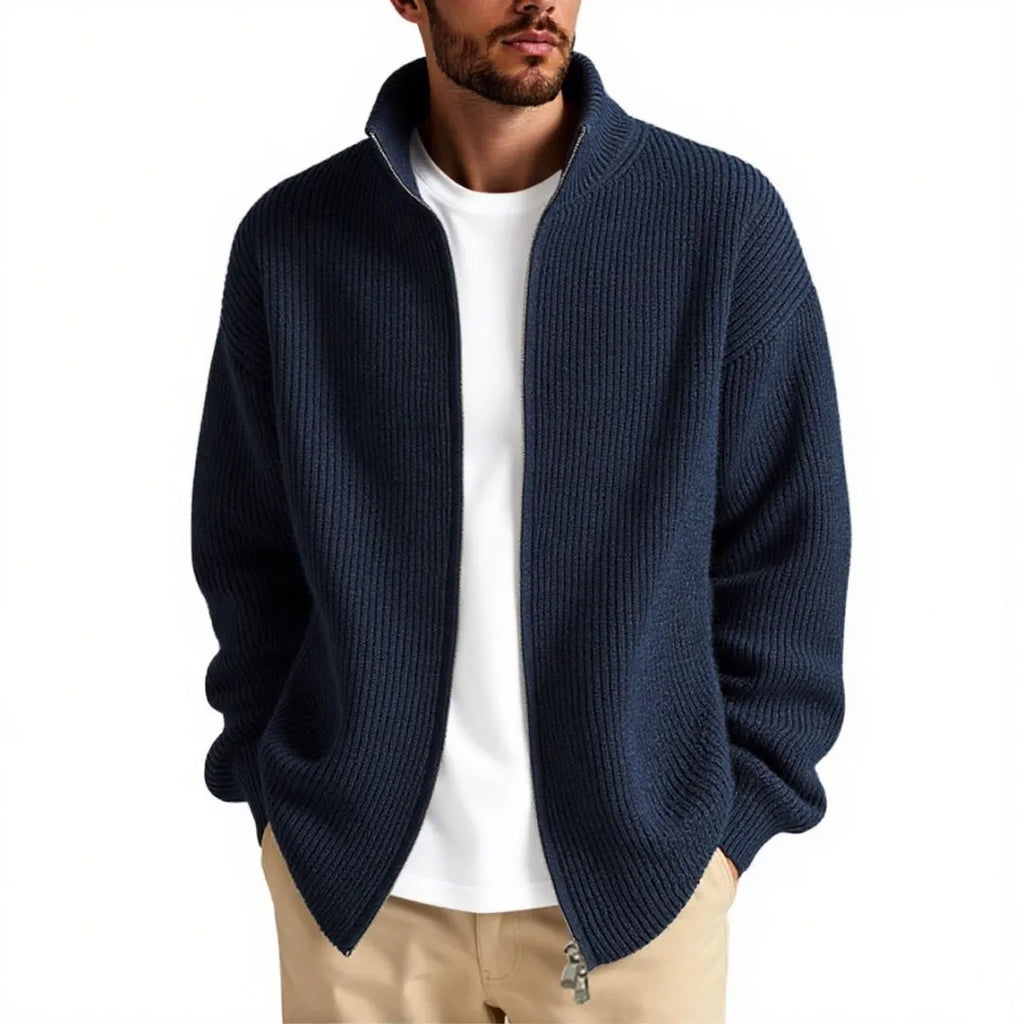 Men's loose-fit cardigan sweater coat in a grey colour, shown as a casual base layer.