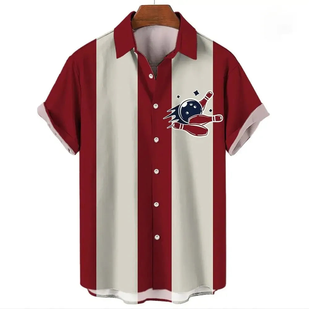Man wearing a blue and white striped Hawaiian style short sleeve button-down shirt.