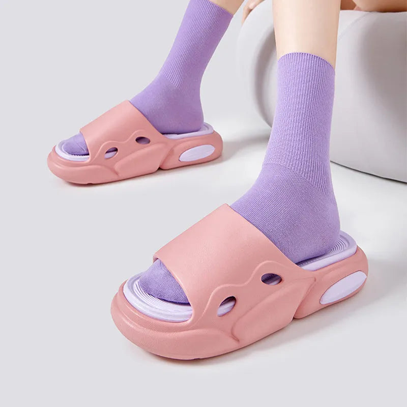 Two-colour thick-soled EVA slippers with leather lining for men and women