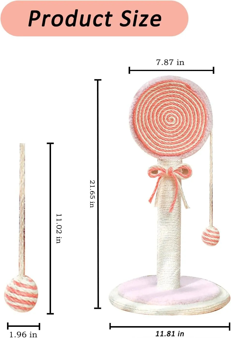 Blue sisal rope cat scratching post with hanging ball toy on a sturdy wooden base