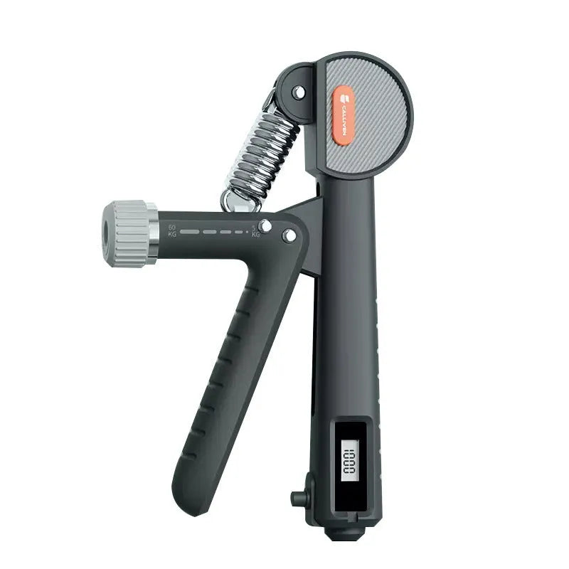 Adjustable spring grip strength trainer in ABS plastic showing three colour options: army green, black, and ivory white