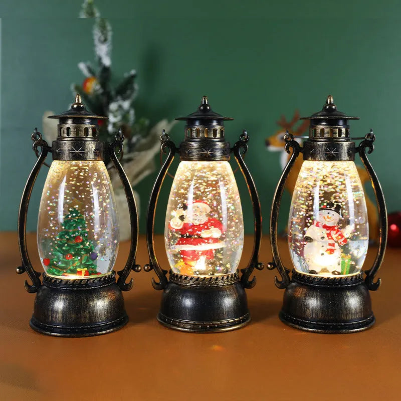 Crystal ball oil lamp Christmas ornament with LED light, snowman or elderly figure theme.