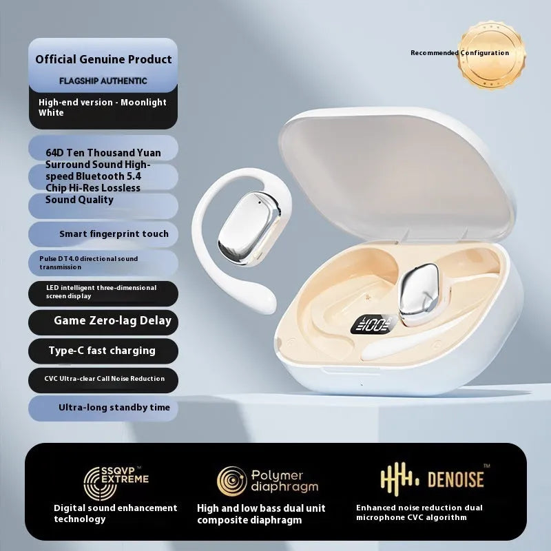 Ear-mounted headphones with digital display screen in skin colour, black, and white options.