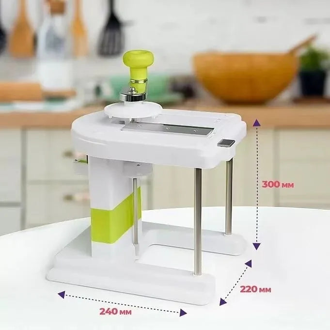 Beige multifunctional stainless steel vegetable slicer, chopper, and grater kitchen tool.