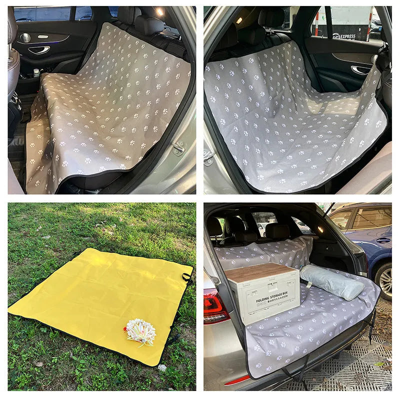 Cloth car pet mat for rear seat protection, shown in a dog bone print design on a grey background.