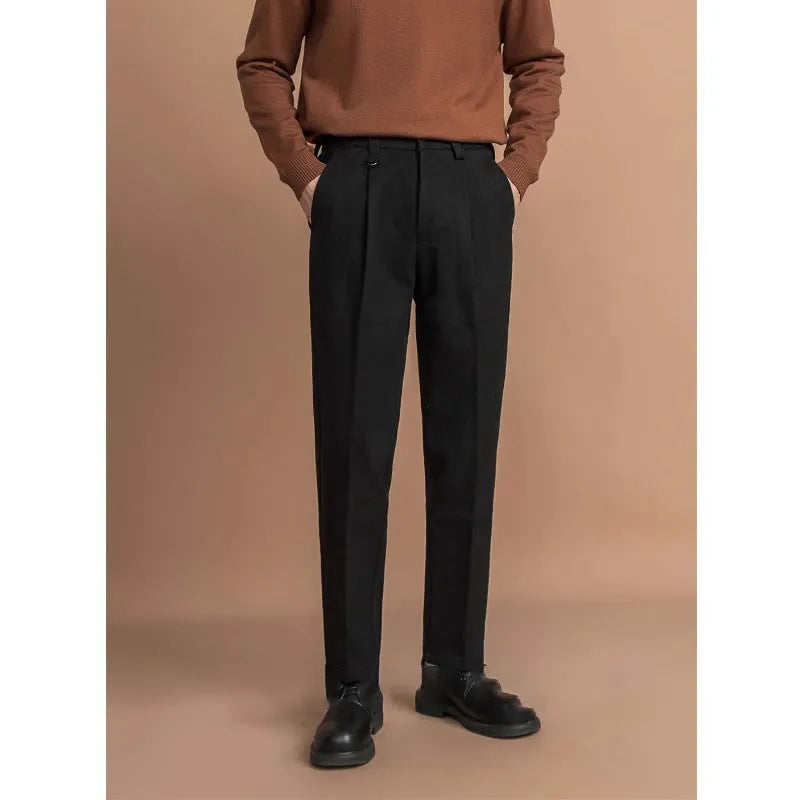 Men's straight leg trousers in polyester fabric with draped tailoring for business casual wear