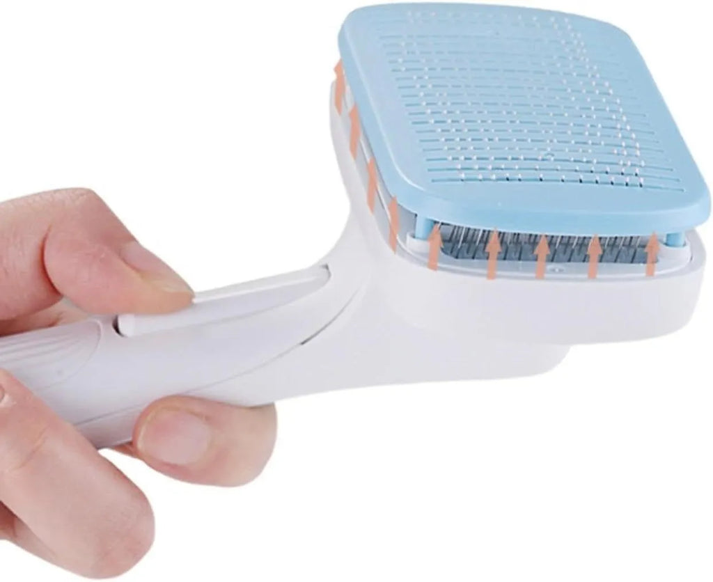 Automatic pet hair removal comb for dogs and cats showing colour options and dimensions