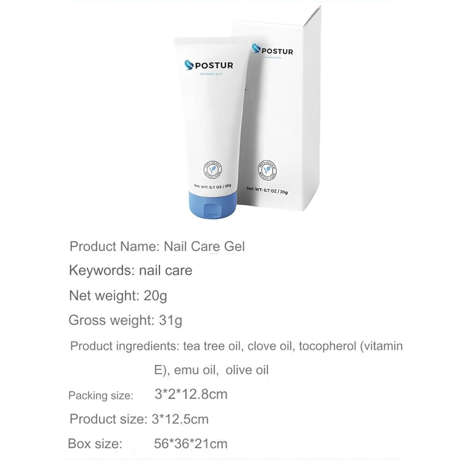 20g clear nail gel polish bottle with attached brush applicator, packaging measures 3x2x12.8cm.