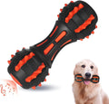 Red rubber dumbbell-shaped dog chew toy for aggressive chewers with natural rubber construction