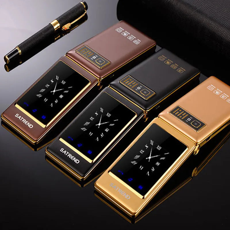 Dual Screen Flip A15 mobile phone in black showing internal touch screen and external display.