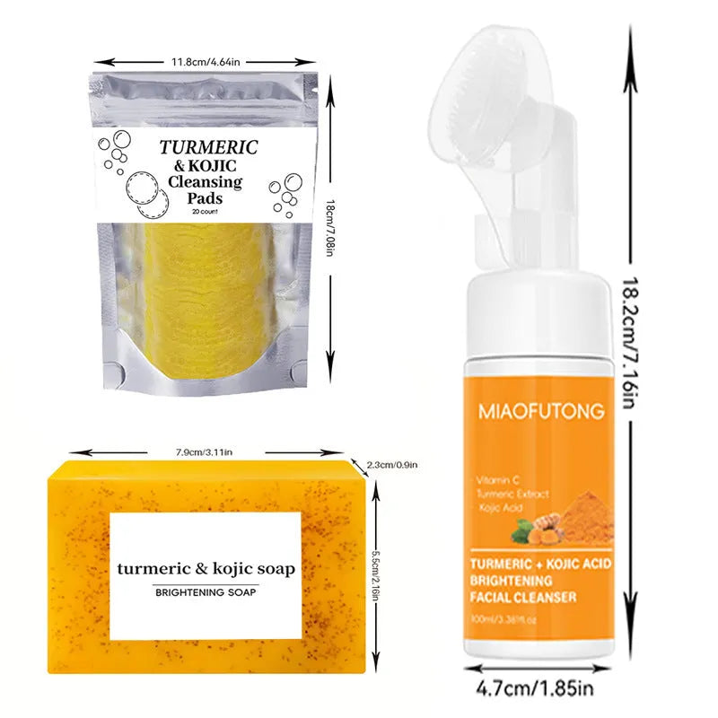 Turmeric cleansing mousse facial cleaning pad set with 30 pads, ginger soap, and skincare accessories