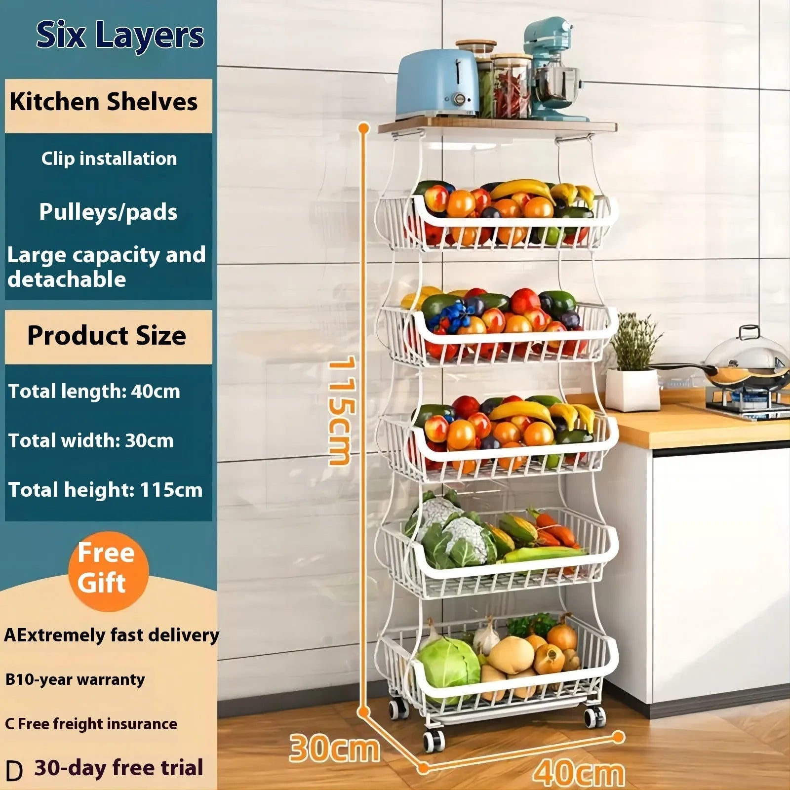 Black six-tier freestanding kitchen storage rack with a carbon steel frame on a hard floor.