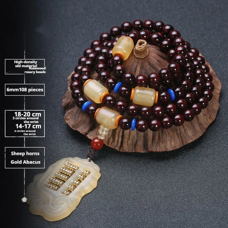 Men's traditional rosewood bracelet with 108 beads, showing lapis lazuli and turquoise accent styles.