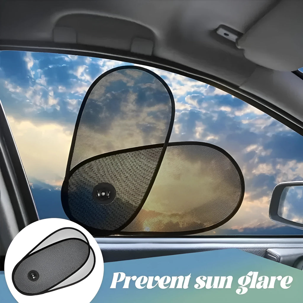 Black breathable mesh car side window shade stretched over glass with visible suction cups.