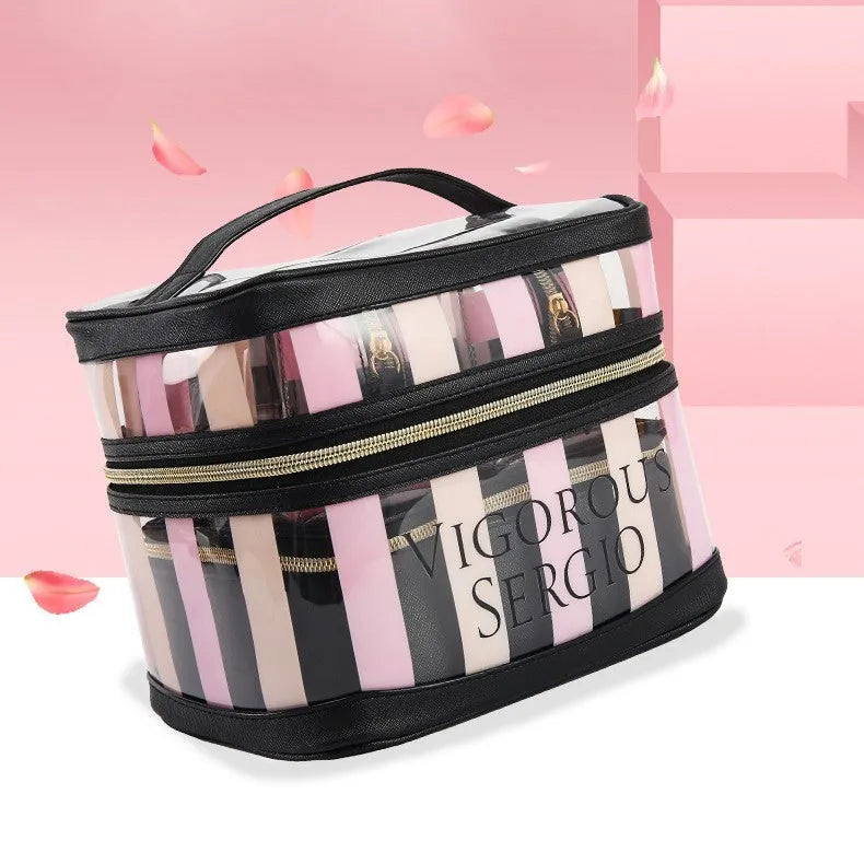 Pink bold stripes buggy bag makeup kit with floral pattern and synthetic leather construction