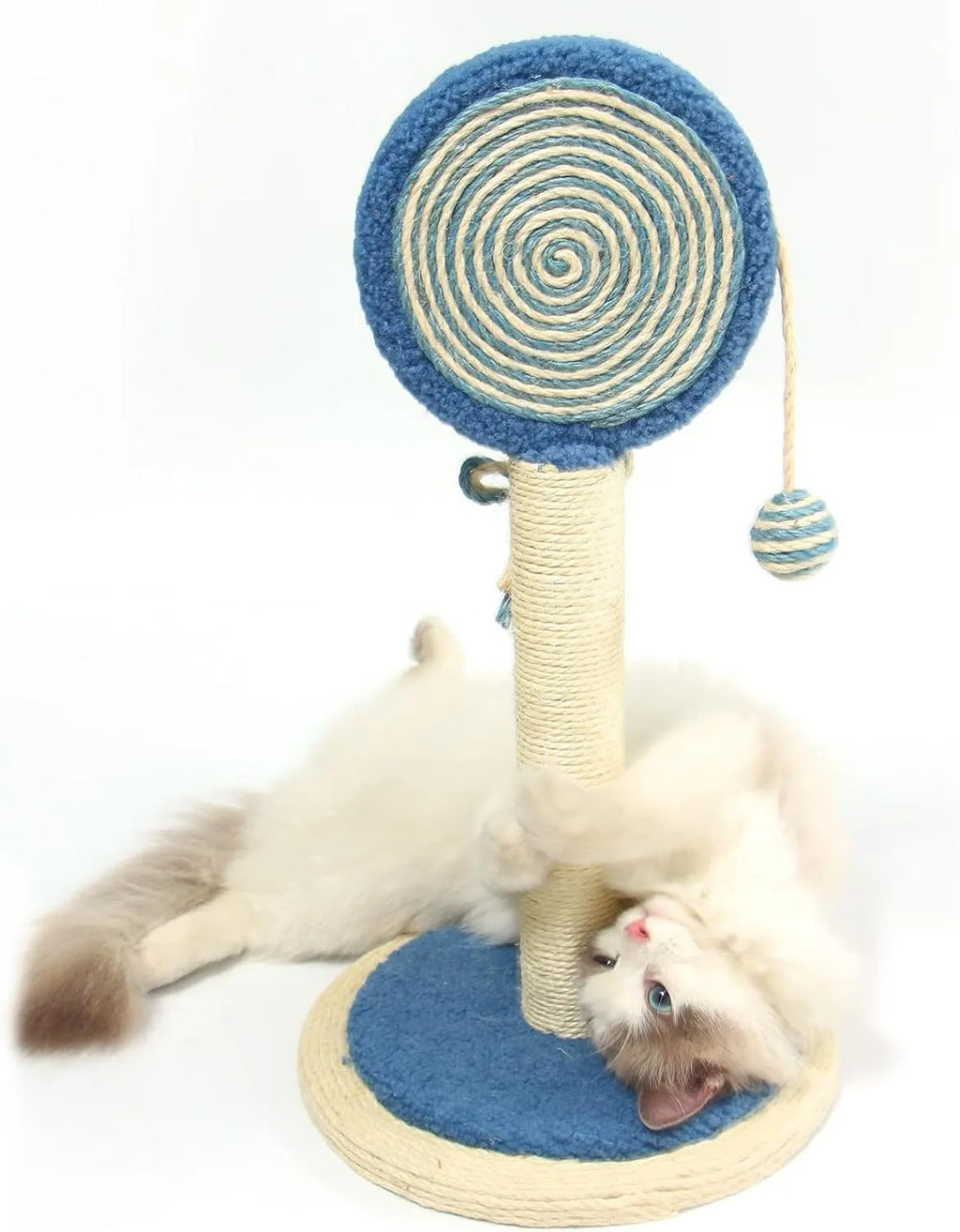 Blue sisal rope cat scratching post with hanging ball toy on a sturdy wooden base