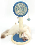 Blue sisal rope cat scratching post with hanging ball toy on a sturdy wooden base