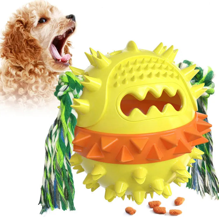 Blue and red TPR rubber squeaky dog ball with rope tug and treat dispenser hole.