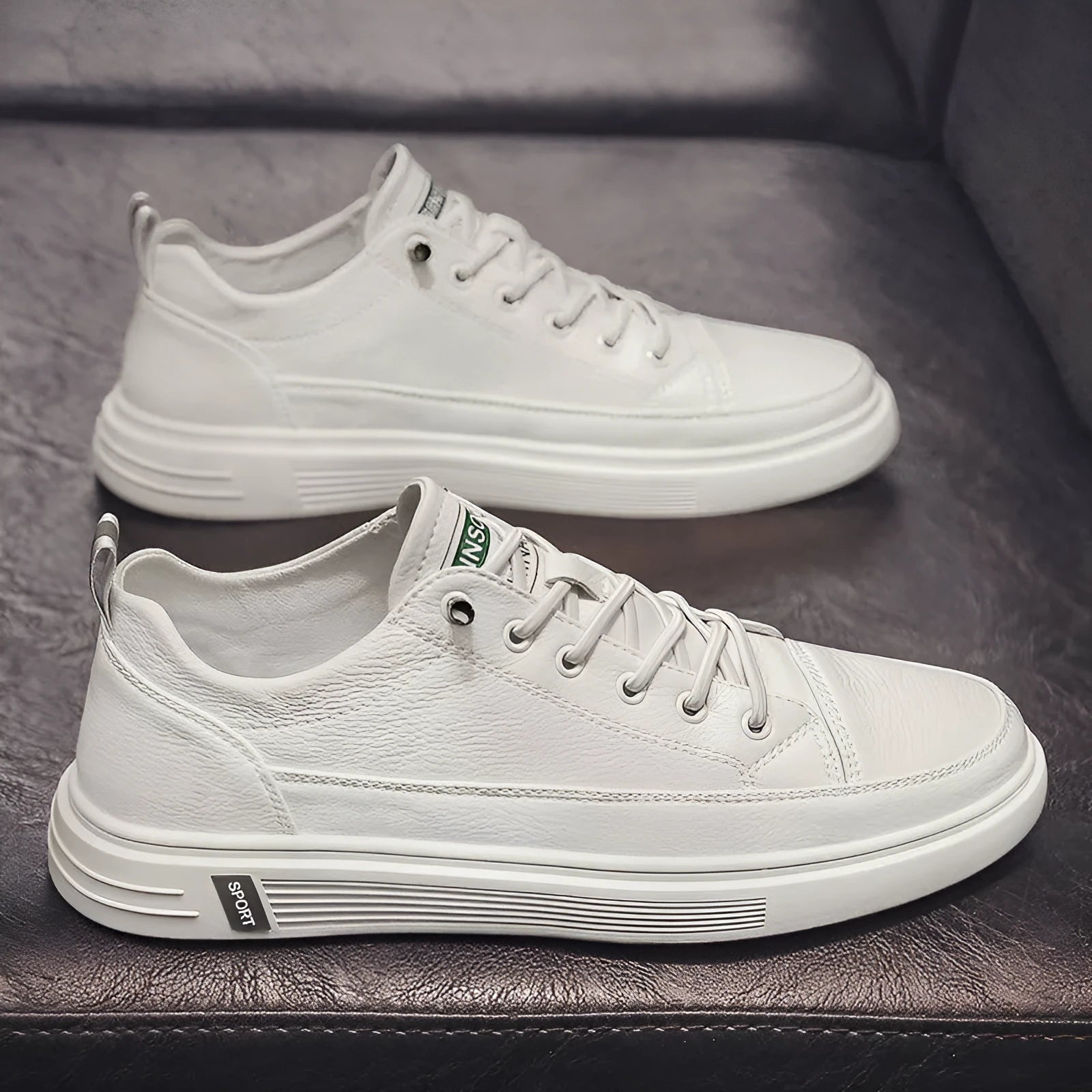 Men's beige casual PU shoes with a low heel and round toe on a flat sole.