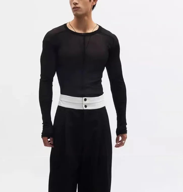 Black mesh see-through texture slim-fit long sleeve pullover with round collar